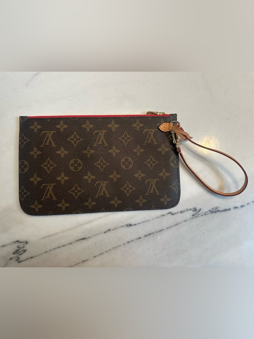 Brand New Monogram Wristlet Pouch - Brown with Red Trim